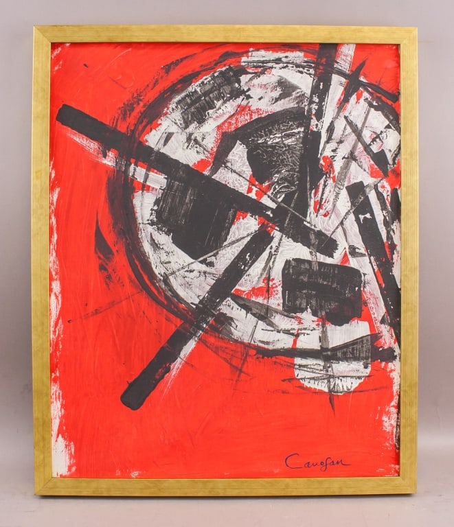 Spanish Acrylic on Canvas Rafael Canogar: Acrylic on canvas, framed. The artwork features red and black tones with touches of white creating a dynamic visual experience. Bold strokes and abstract forms converge, embodying Canogar’s distinct