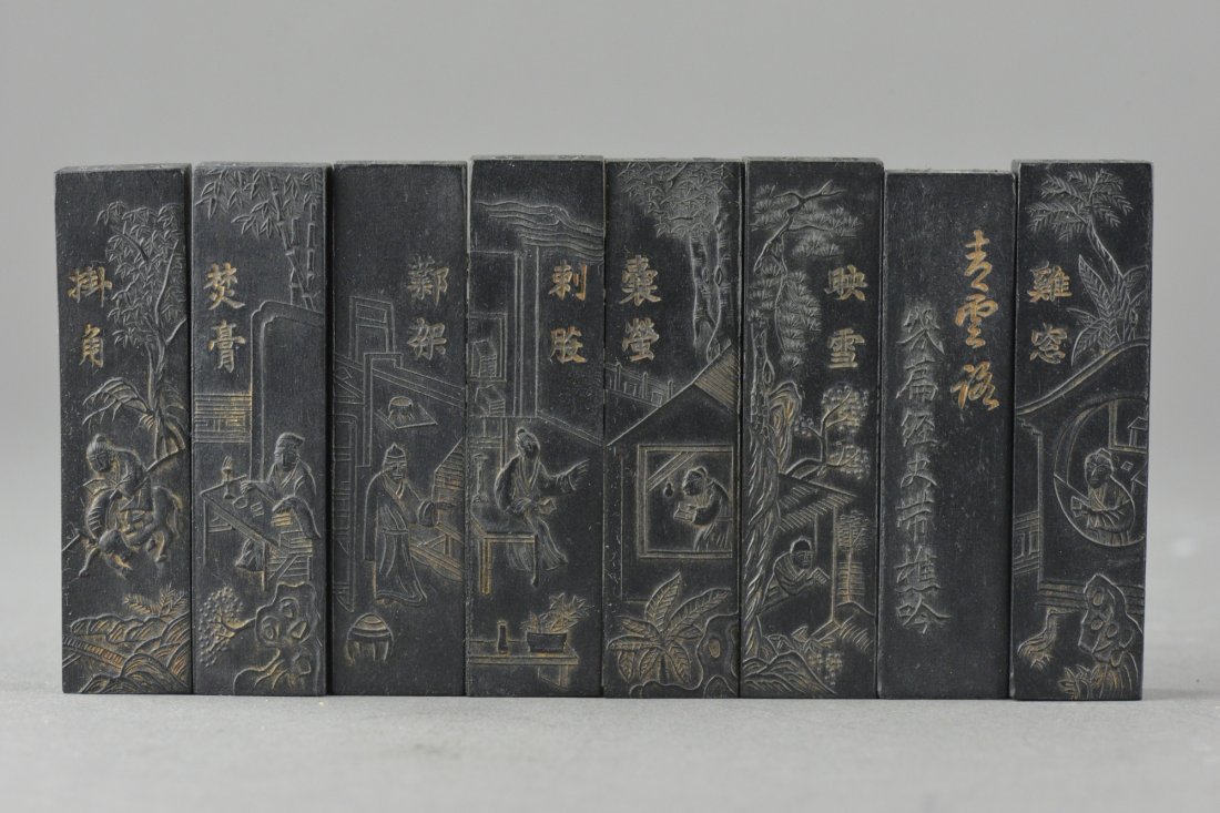 Set of 8 Chinese Ink Sticks Qing Period: Set of eight Chinese ink sticks, 19th century; pieces featuring Buddhist story of Qing Yun Road; marked Jiaqing on seven pieces; one marked artist Wang Jinsheng; bottom marked Gong pin; H 7 cm, W 2 cm