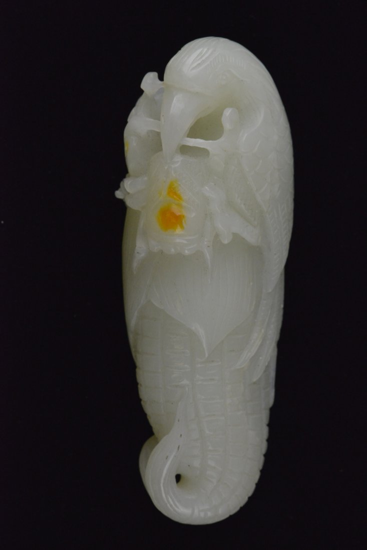 Chinese White Jade Carving Bird Corn & Beetle: Chinese white jade carving of an bird sitting on a stalk of corn with a beetle. Orange suffusion on the beetle. 89 grams, L: 9 cm, W: 3 cm, H: 3 cm