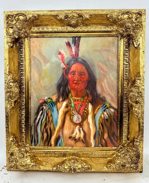 American Oil on Canvas Signed Joseph Henry Sharp: Oil on canvas, framed. Attributed to Joseph Henry Sharp (1859 - 1953). The painting features a Native American figure adorned with a traditional headdress and fringed garment, rendered with meticulous