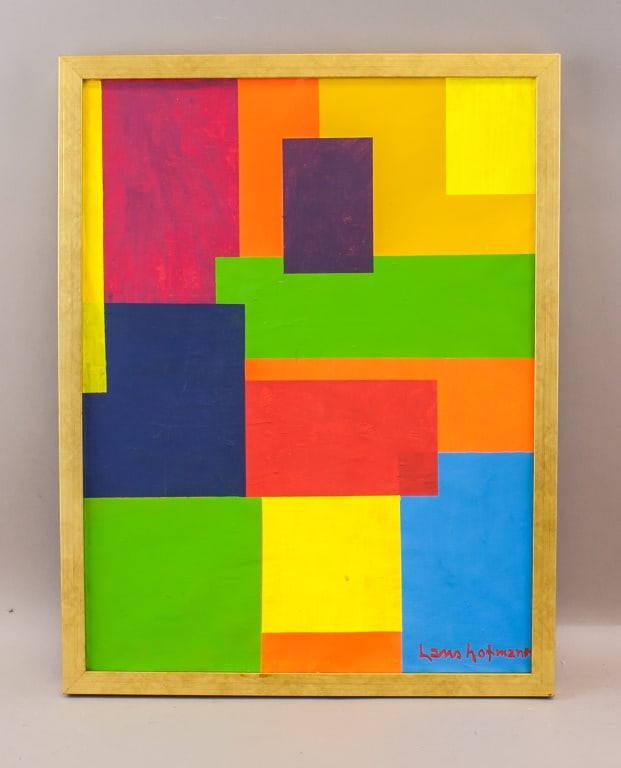 American Acrylic on Canvas Signed Hans Hofmann: Acrylic on canvas, framed. The composition features interlocking rectangles and squares in bold primary and secondary colors, creating a dynamic visual rhythm. Signed Hans Hofmann on bottom right corn