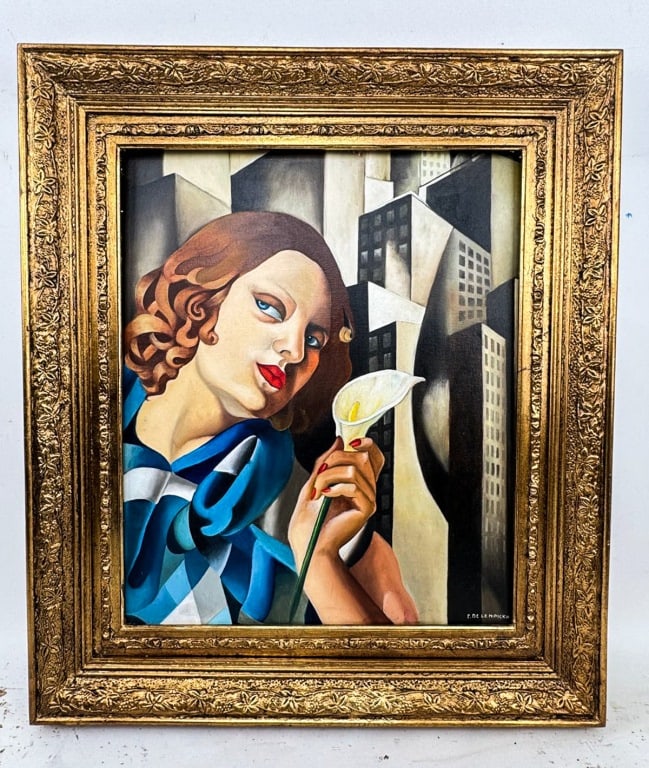 OOC Signed Tamara de Lempicka Galerie Louis Carre: Oil on canvas, framed. Attributed to Tamara de Lempicka (1898 - 1980). The painting features a stylized female figure in the foreground with a backdrop of geometrically shaped buildings, rendered with