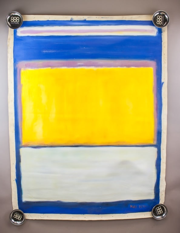 American Oil on Canvas Signed Mark Rothko: Oil on canvas. The artwork features a bold color field composition with three horizontal bands: deep blue at the top, vibrant yellow in the middle, and lighter blue at the bottom, each bordered by thi