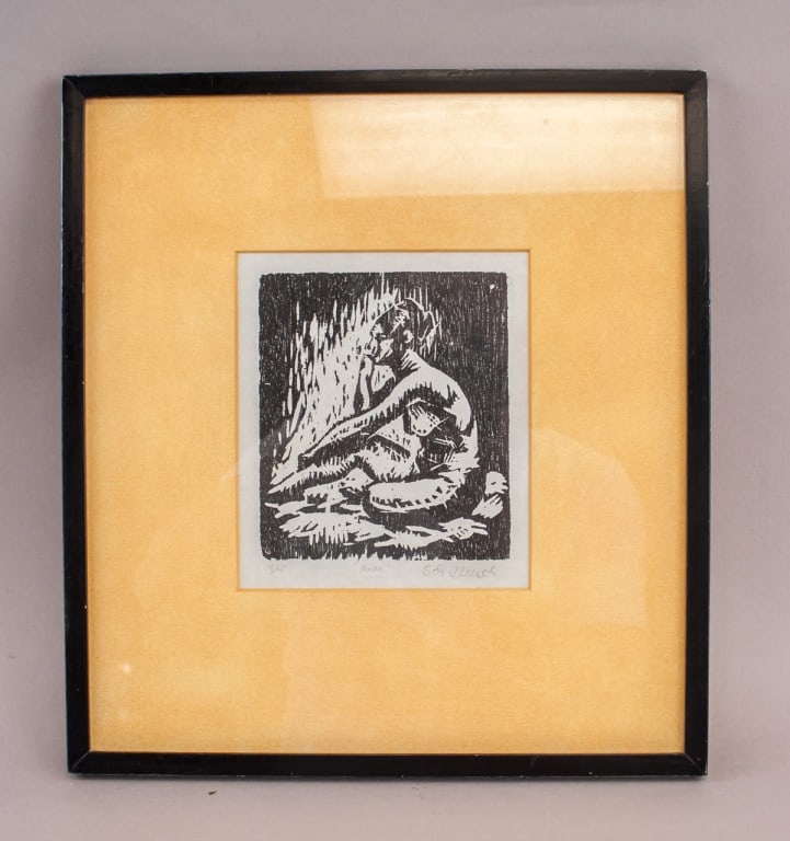 Lithograph Signed Edvard Munch 14/15 T. Eaton. Co: Lithograoh on paper, framed. This artwork features a contemplative figure set against a natural backdrop. The stark contrast between the dark ink and light paper highlights Munch’s expressive lines