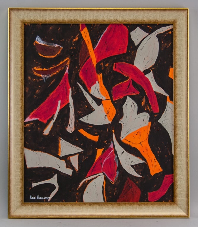 American Acrylic on Canvas Signed Lee Krasner: Acrylic on canvas. Featuring an abstract expressionist composition. Signed Lee Krasner on the lower left corner. Attributed to Lee Krasner (1908 - 1984). Painting: 58 x 48 cm (23 x 19 inches). Frame: