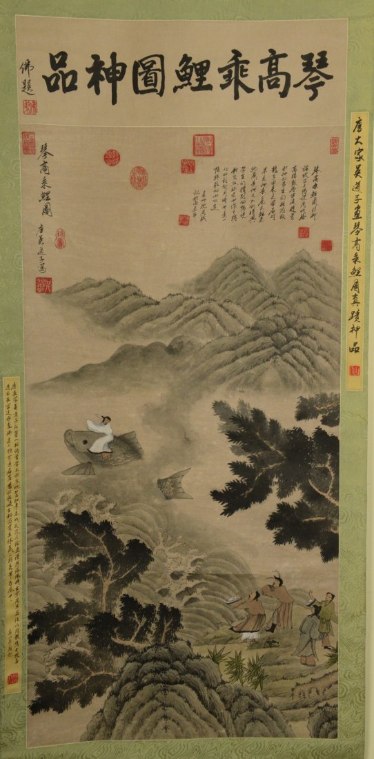 Watercolour on Paper Scroll Signed Chen Zhou Fu: Buddhist story, Chinese watercolour painting on scroll. Signed by Chen Zhou Fu with fourteen red seals. H: 135 cm, W: 60 cm