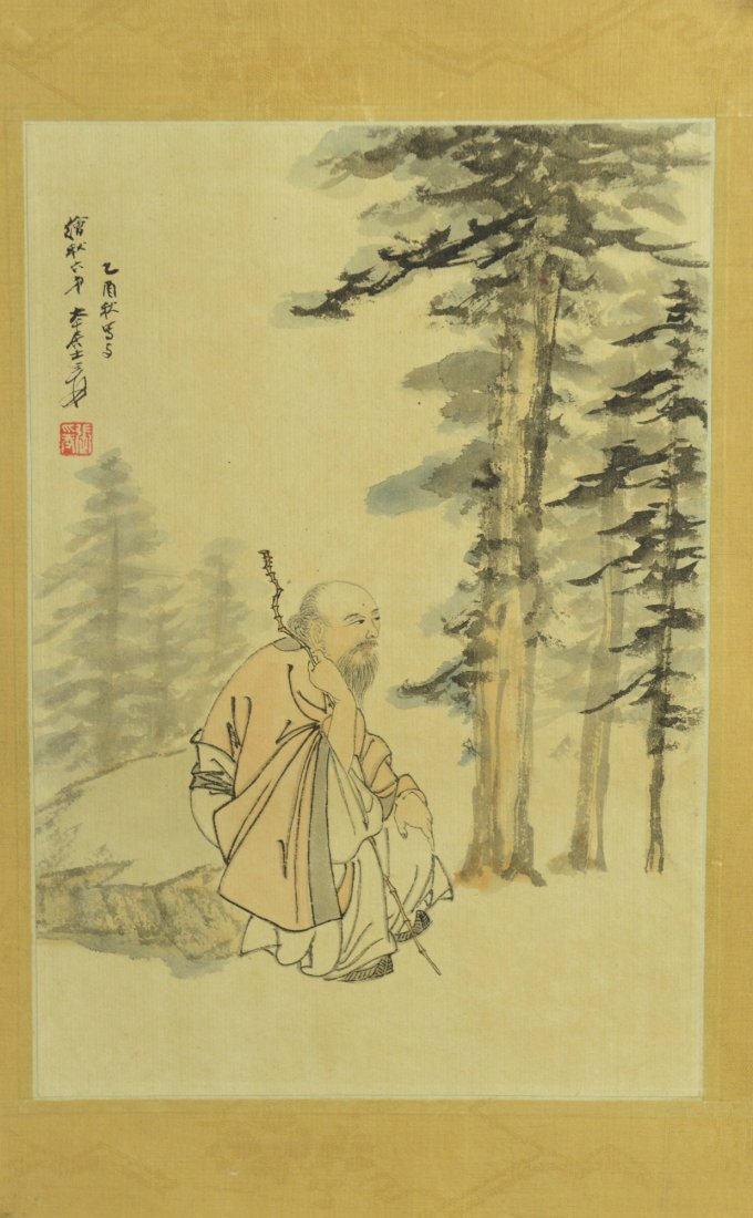 Chinese Style Of Zhang Da Qian Painting: Old man and pine trees, Chinese watercolour painting. Signed by Zhang Daqian with one artist red seal. L: 24.5 cm, W: 17 cm