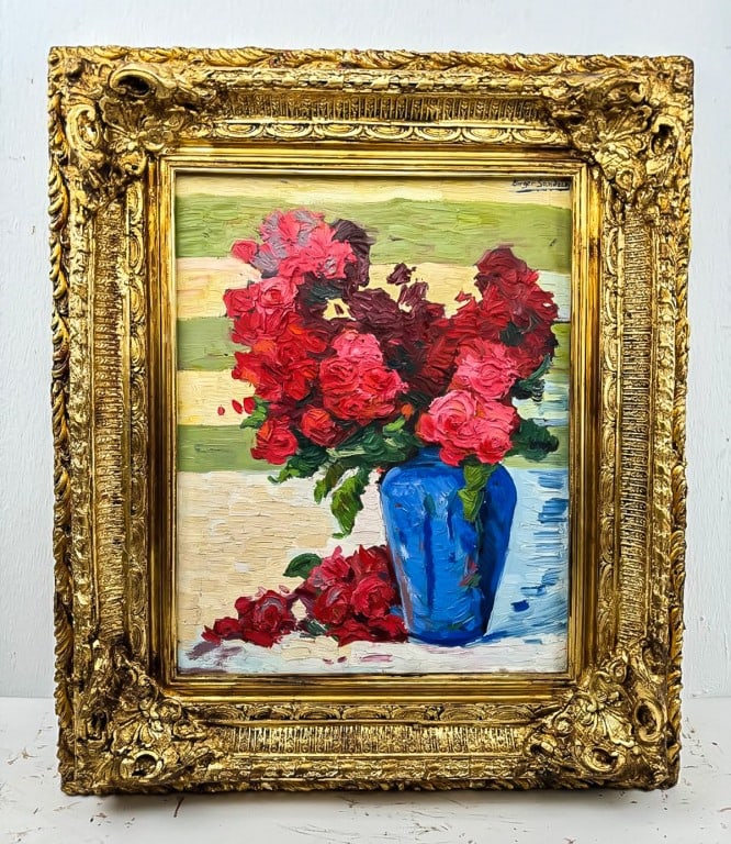 Oil on Canvas Sgd Birger Sandzen Smalley's Gallery: Oil on canvas, framed. Attributed to Birger Sandzen (1871 - 1954). The painting features a vibrant bouquet of red flowers in a blue vase against a warm yellow background. Signed Birger Sandzen on top
