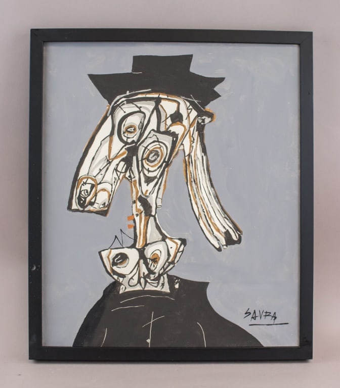 Spanish Acrylic on Canvas Signed Antonio Saura: Acrylic on canvas, framed. This artwork features bold, expressive strokes and a dynamic use of color to depict a surrealist figure with a hat. Signed Saura on bottom right corner. Attributed to Antoni