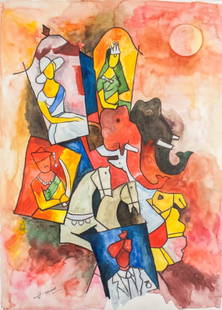 WC Signed M. F. Husain w/ COA ' 1998 & Provenance: Watercolor on paper. Attributed to Maqbool Fida Husain (1915 - 2011). The composition features abstract forms and figuration, including human figures and an elephant, which are recurrent motifs in Hus
