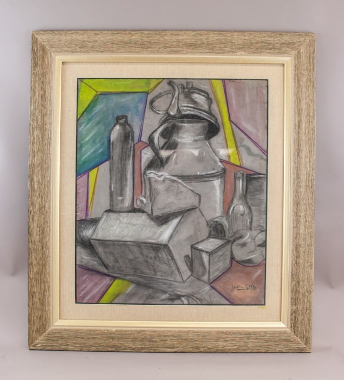 Mixed Media on Board Sgd Juan Gris T. Eaton. Co.: Mixed media on board, framed. The piece includes geometrically fragmented objects such as a pitcher, bottles, and books or papers, rendered in a muted palette with emphasis on grays and subtle hints o
