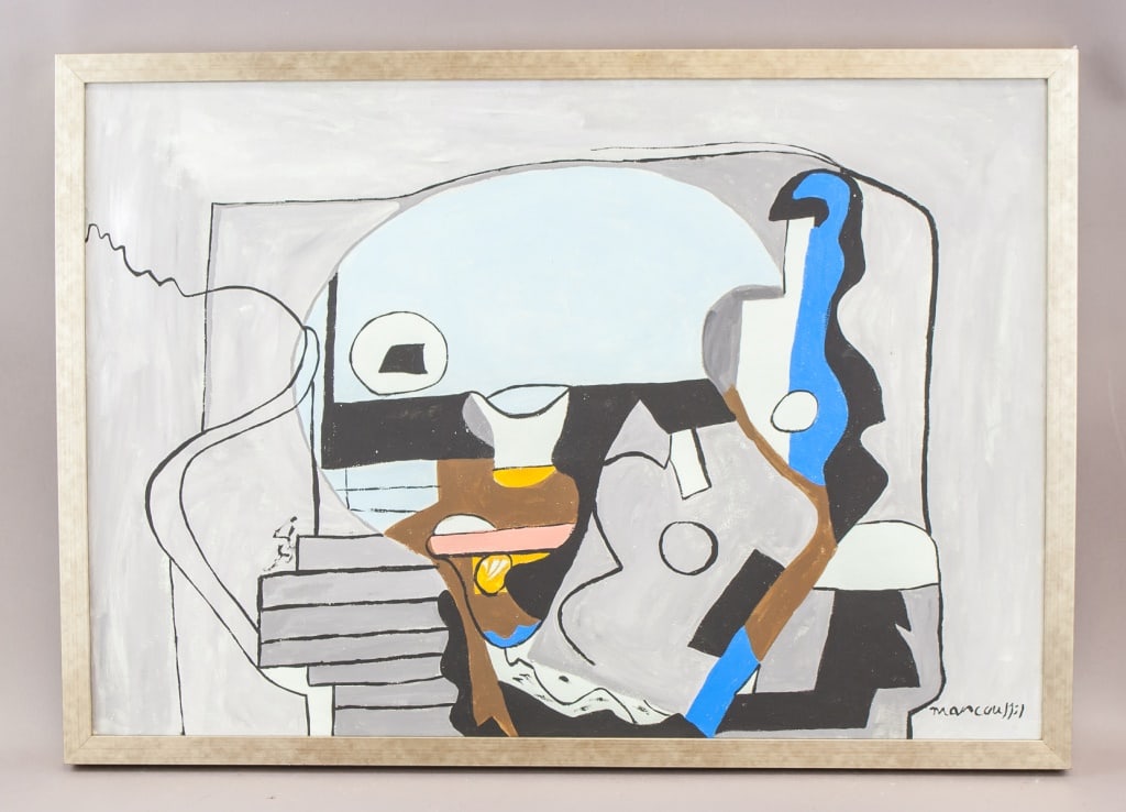 Acrylic on Canvas Signed Louis Marcoussis: Acrylic on canvas, framed. The composition is predominantly in muted tones with strategic applications of blue and yellow. This work exemplifies Marcoussis’ skill in breaking down objects into geome