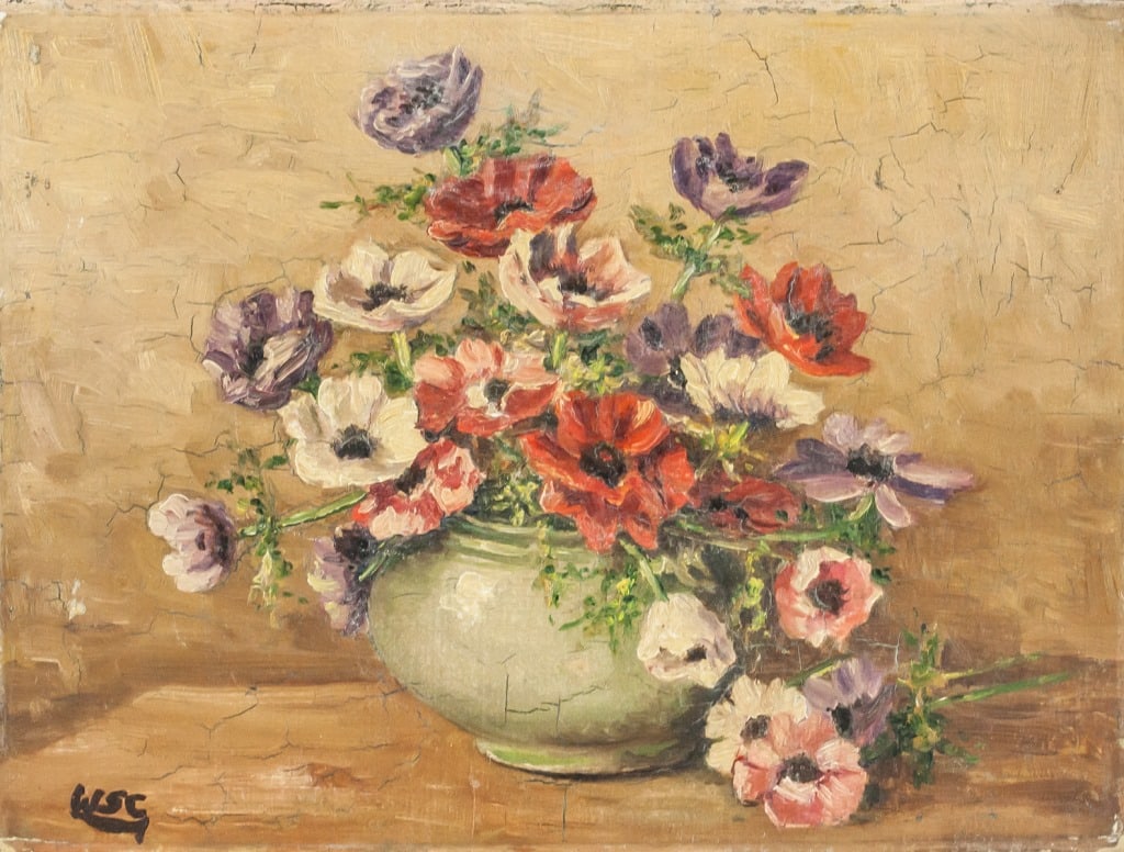 OOB Sgd Winston Churchill Galerie Mathias Fels: Oil on board. The bouquet, composed of various poppies in shades of red, purple, and white with green foliage, is set against a muted background and rests within a subdued green bowl. The artwork is n