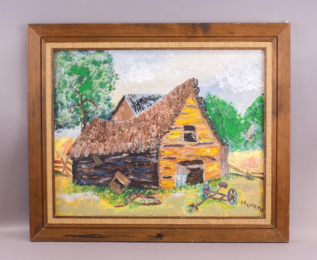 Oil on Canvas Signed Francesco Iacurto '1965: Oil on canvas, framed. Attributed to Francesco Iacurto (1908 - 2001). This artwork depicts a rustic scene with a thatched-roof cottage amidst verdant trees under a bright sky, rendered with expressive