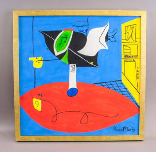 American Acrylic on Canvas Signed Stuart Davis: Acrylic on canvas, framed. This artwork is characterized by bold, vibrant colors and a dynamic composition that combines abstract geometric shapes with recognizable elements such as a musical note and