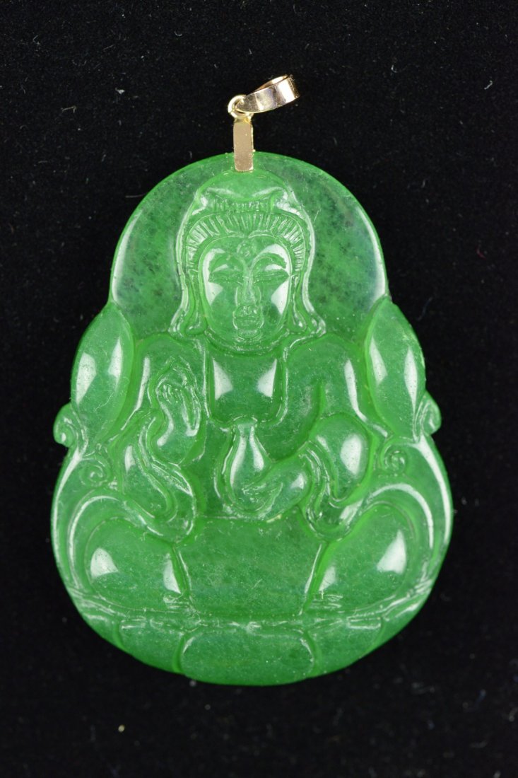 Chinese Emerald Green Jadeite Pendant Kwanyin 18K: Chinese emerald green Jadeite pendant with 18K bail, featuring a seating Kwanyin holding a vase. H: 5 cm, 18 grams.