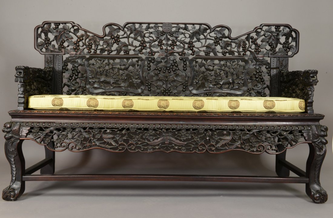 18thC Zitan Luohan Chuang Day Bed Lab Tested: 18th century, Louhanchuang having pierced carving throughout, the top crest depicting grapes and two panels of birds and dragons, centered with a Shou symbols, the armrests in form of sinuous dragons 