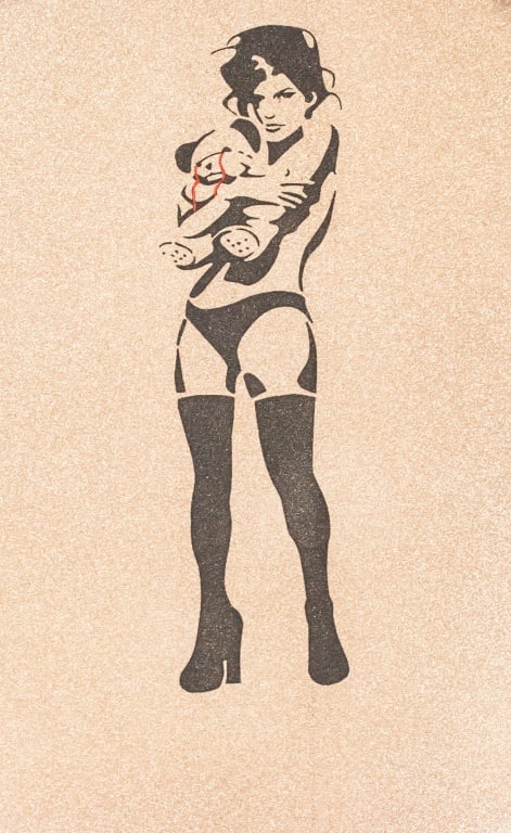 Mixed Media on Paper Signed Banksy '2019: Mixed media on paper. Featuring a spray-paint image of a woman wearing thigh-high boots and holding a teddy bear that is crying red tears. "2019 Animal 1968" inscribed on verso. Stamps on verso read "