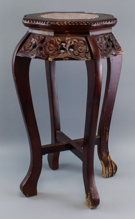 Chinese Wood Carved Marble Side Table (1 of 9)