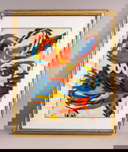 Litho Paper Sgd Karel Appel '51 AP Westbridge Art: Lithograph on paper, framed. This lithograph features a vibrant and dynamic composition with abstract forms and bold primary colors. The piece showcases Appel's distinctive expressive brushstrokes and