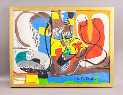 Swiss-French Acrylic on Canvas Sgd Le Corbusier: Acrylic on canvas, framed. This vibrant and dynamic acrylic painting on canvas features an abstract composition with bold, interlocking shapes and vivid colors. The artwork showcases a mix of geometri