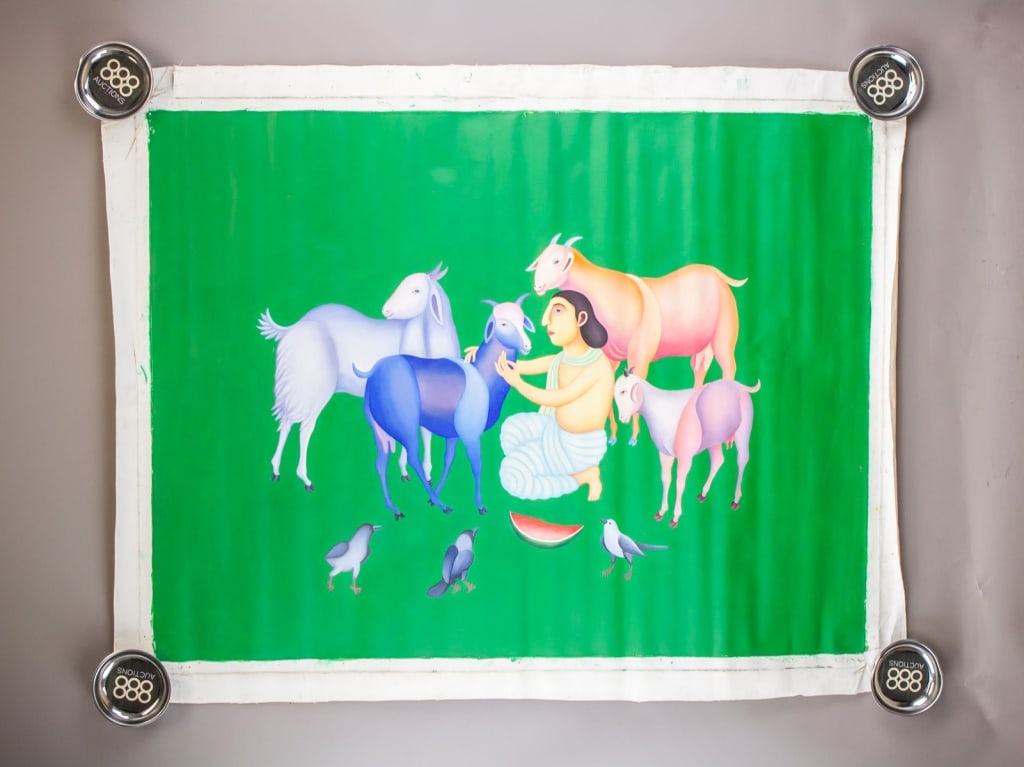 Indian Oil on Canvas Manjit Bawa w/ Signed COA: Oil on canvas. Attributed to Manjit Bawa (1941 - 2008). The artwork features a serene pastoral scene with a central figure, draped in traditional attire, interacting with a group of goats rendered in