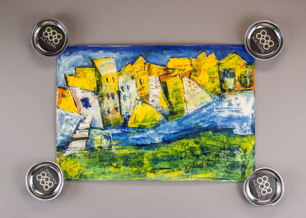 Indian Acrylic on Paper Ram Kumar w/ COA' 2001: Acrylic on paper. The artwork features an abstract depiction of a cityscape, characterized by bold geometric shapes and a dynamic interplay of colors, with bright yellow buildings contrasted by patche