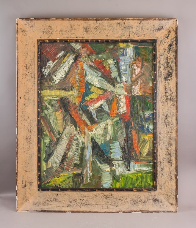 Canadian Oil on Board Signed Jean-Paul Riopelle: Oil on board, framed. This artwork features bold, dynamic brushstrokes characteristic of his abstract expressionist style. The piece exhibits rich texture and layered color applications, demonstrating