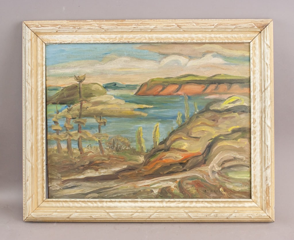 Canadian Oil on Board Sgd Alexander Young Jackson: Oil on board, framed. Attributed to Alexander Young Jackson (1882 - 1974). The composition features a dynamic interplay of light and shadow, emphasizing the vastness and movement of the natural scener