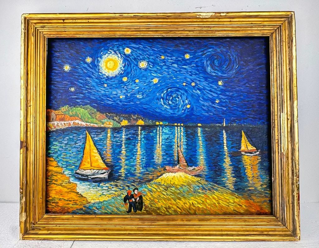 OOC Sgd Vincent van Gogh Curt Valentin Gallery NY: Oil on canvas, framed. Attributed to Vincent van Gogh (1853 - 1890). The composition features a vivid landscape with swirling skies and textured fields, rendered in thick, impasto strokes that convey 