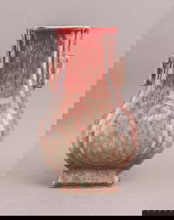Chinese Flambe Glazed Porcelain Fanghu Vase: Chinese flambe-glazed porcelain Fanghu vase. A finely crafted rectangular vessel inspired by archaic bronze prototypes, featuring a rich red flambe glaze with subtle tonal variations. The glaze transi