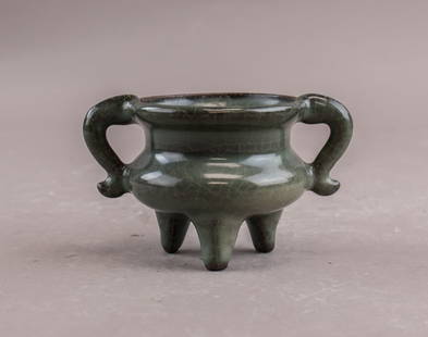 Chinese Jun Ware Porcelain Triple Leg Censer: Chinese Jun Ware Porcelain Triple Leg Censer. A finely crafted censer featuring a characteristic Jun Ware glaze in rich, varied tones with subtle transmutations. The censer stands on three sturdy legs