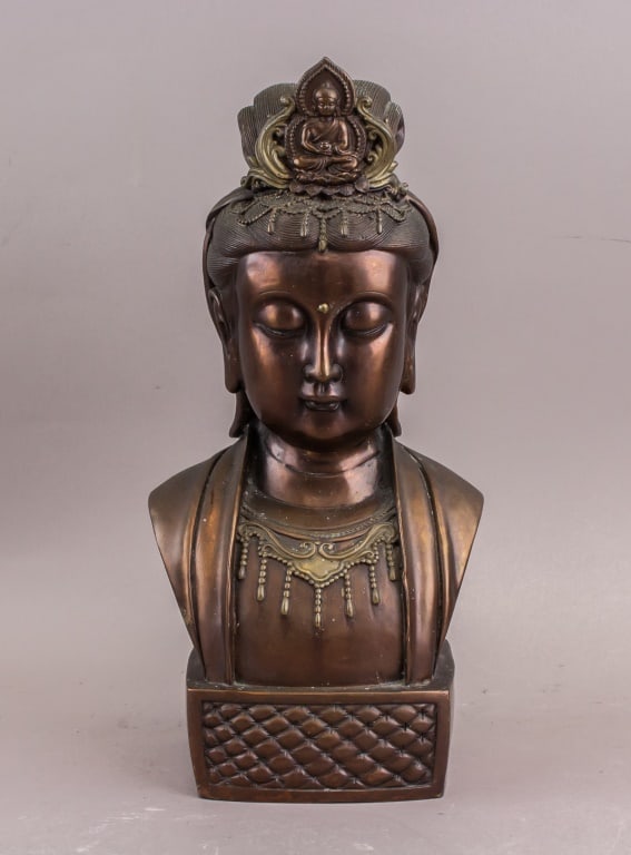Chinese Bronze Carved Guanyin Sculpture w/ Mark: Chinese Bronze Carved Guanyin Sculpture. A finely cast bronze sculpture depicting the bust of Guanyin, with detailed carving highlighting facial features. The surface displays a rich patina, indicativ