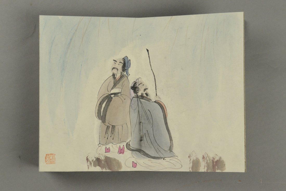 16 Pages Painting Book by Fu Baoshi Sealed: Chinese figure portraits, painting book, Chinese ink and watercolour on paper, total of six paintings. Signed Fu Baoshi with artist seals. 23 cm x15 cm, 941 grams. Total 16 pages.
