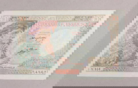 1941 France 50 Francs Banknote: 1941 France 50 Francs banknote issued by Banque de France, featuring a detailed illustration of Jacques Cœur on the obverse, accompanied by the text "BANQUE DE FRANCE" and "CINQUANTE FRANCS." The rev