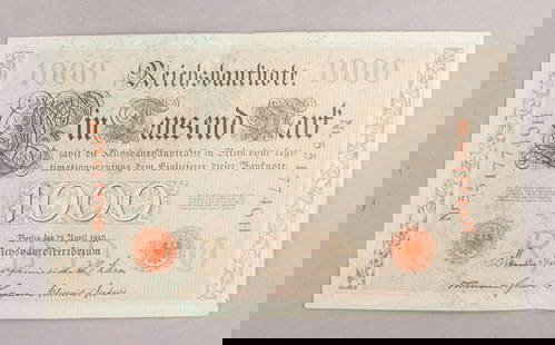 1910 Germany 1000 Mark Banknote: 1910 Germany 1000 Mark Banknote, issued by the Reichsbank, Berlin, dated 21 April 1910. Features intricate engraving with "Reichsbanknote" and "Eintausend Mark" on the obverse, serial number in red at