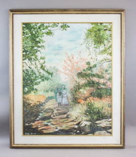 French Oil on Canvas Sgd Berthe Morisot T. Eaton: Oil on canvas, framed. A tranquil landscape scene depicting two figures walking along a meandering path bordered by verdant trees and dense foliage, executed in a soft Impressionist manner with charac