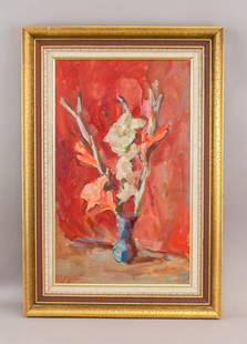 Scottish Oil on Panel Signed Norman Kirkham: Oil on panel, framed. Attributed to Norman Kirkham (1936 - 2021). This artwork features a vibrant still life composition of flowers arranged in a blue vase, set against a rich red background. The artw