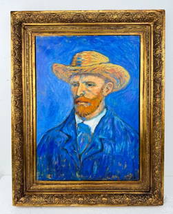 OOC Signed Vincent van Gogh Curt Valentin Gallery: Oil on canvas, framed. Attributed to Vincent van Gogh (1853 - 1890). This artwork presents a half-length portrait of Vincent himself in a blue coat and straw hat, rendered against a vibrant blue backg
