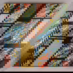 Canadian MMOC Signed Janine Dupont '2004 w/ COA: Mixed media on canvas. This dynamic composition features geometric shapes and textured surfaces, divided into various rectangular sections. Each section contains vibrant, swirling colors and patterns,