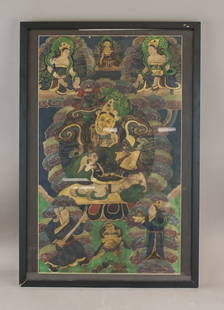 Rare Antique Tibetan Mixed Media on Silk Tanka: Mixed media on silk, framed. The central figure is surrounded by multiple deities and attendants, arranged symmetrically within a densely detailed composition featuring stylized clouds, floral motifs,