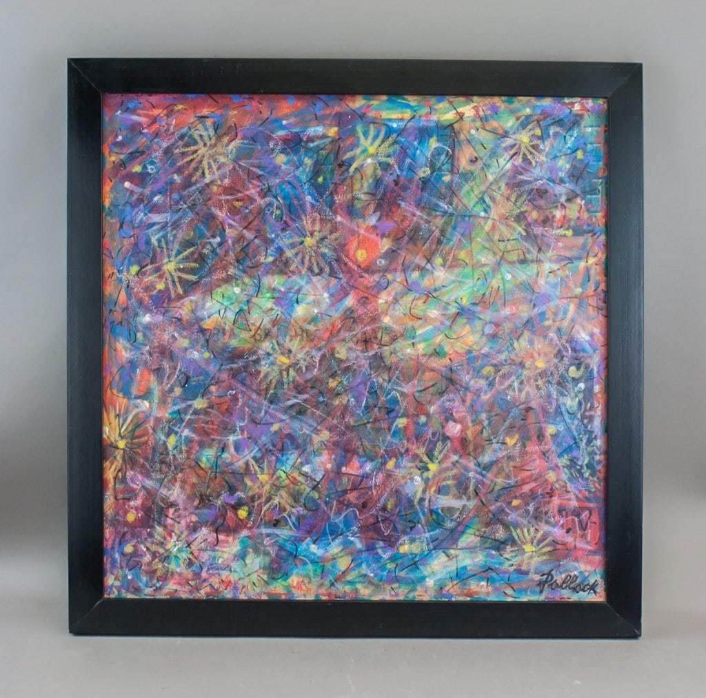 MMOC Sgd Jackson Pollock Fine Art Gallerie T Eaton: Mixed media on canvas, framed. The composition features an all-over arrangement of dynamic paint splatters, drips, and gestural strokes in black, ochre, crimson, and ivory tones across an unprimed can