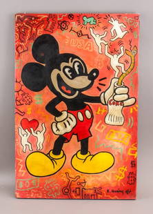 OOC Signed Keith Haring w/ KH Estate Stamp: Oil on canvas. This vibrant artwork features a large depiction of Mickey Mouse holding a bottle of Coke with a snake emerging from it. The background is filled with Haring's signature motifs, includin