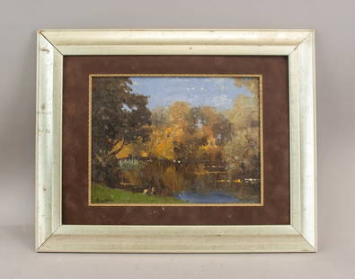 British OOB Sgd Campbell A. Mellon Flint House Art: Oil on board, framed. This artwork depicts an autumnal riverside landscape with deciduous trees in full seasonal color along a calm body of water under a clear blue sky. Executed in a traditional Brit