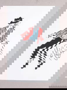 American WC on Paper Signed Michael Jackson: Watercolor on paper. This artwork features a stylized depiction of MJ in a signature dancing pose. The figure is dressed in a black hat, red jacket, blue polka-dotted shirt, black pants with white str