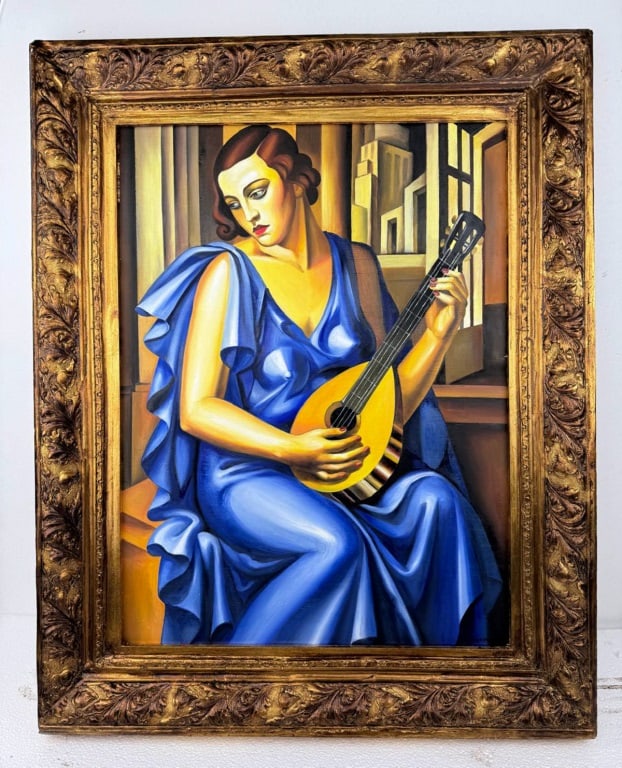 Polish Oil on Canvas Signed Tamara de Lempicka: Oil on canvas, framed. Attributed to Tamara de Lempicka (1898 - 1980). This artwork features a seated female figure in a flowing blue gown, playing a mandolin, rendered with the artist’s signature p