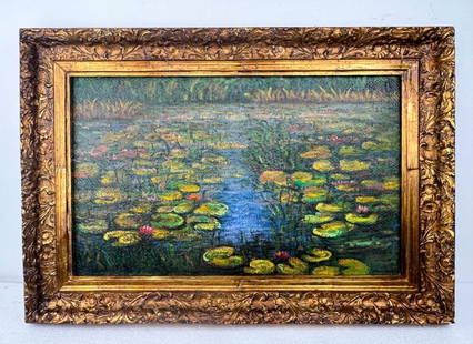 OOC Signed Claude Monet Bernheim Jeune No. 754: Oil on canvas, framed. Attributed to Claude Monet (1840 - 1926). This artwork depicts a tranquil water lily pond rendered in the artist’s signature Impressionist style, with floating lily pads and b