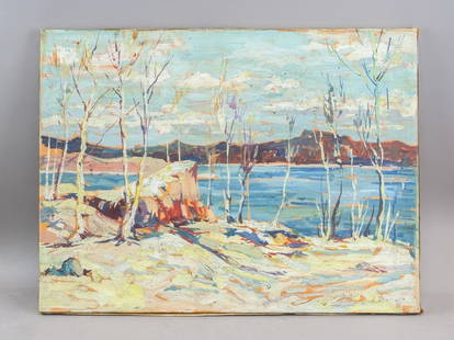 Canadian Oil on Canvas Signed Tom Thomson: Oil on canvas. This artwork depicts a northern landscape with bare trees in the foreground, rocky terrain, and a calm body of water extending toward distant hills under a partly cloudy sky. Executed w