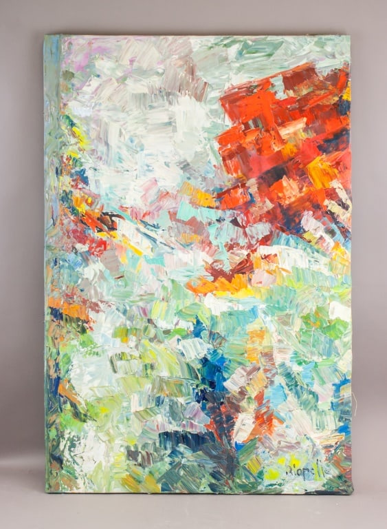 Canadian Oil on Canvas Signed Jean-Paul Riopelle: Oil on canvas. The composition is a riot of color, with bold, impasto brushstrokes creating a sense of movement and energy across the canvas. Dominant hues of red, blue, green, and yellow intermingle,