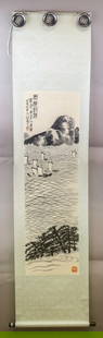 Chinese WC on Paper Signed Qi Baishi w/ Seals: Watercolor on paper, hanging scroll. Attributed to Qi Baishi (1864 - 1957). This piece exemplifies Qi Baishi’s renowned xieyi style, characterized by expressive brushwork and a focus on capturing th